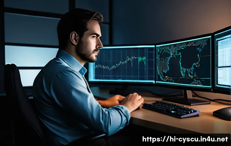 사이버보안 직무의 스트레스 관리 - **Prompt 1: The Weight of Vigilance**
    A detailed, realistic digital painting depicting a cyberse...