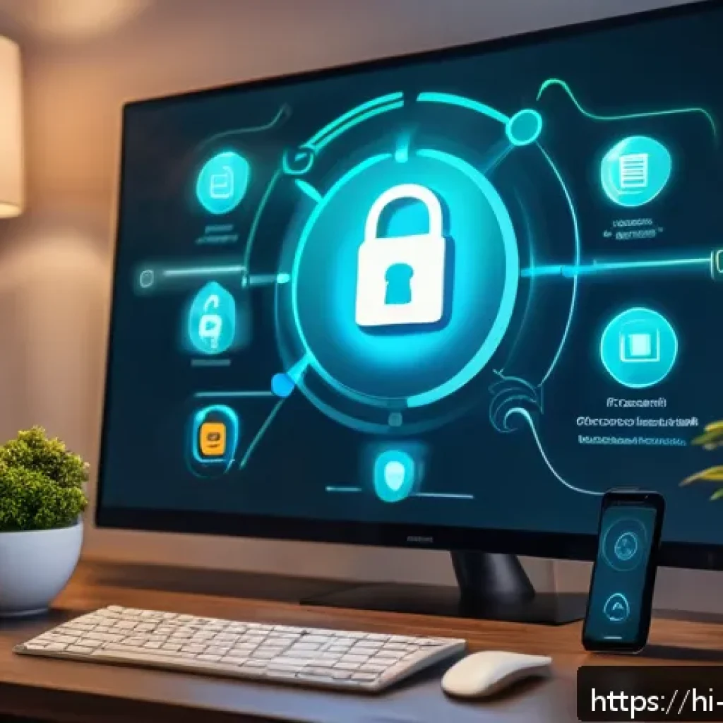 IoT 보안의 현재와 미래 전망 - A modern smart home interior featuring multiple connected IoT devices such as smart lights, thermost...