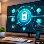 Home 20 IoT 보안의 현재와 미래 전망 - A modern smart home interior featuring multiple connected IoT devices such as smart lights, thermost...