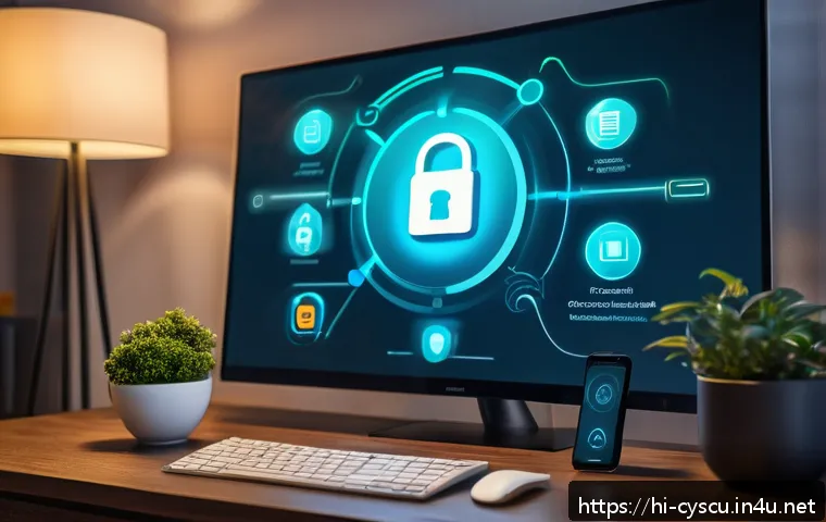 IoT 보안의 현재와 미래 전망 - A modern smart home interior featuring multiple connected IoT devices such as smart lights, thermost...