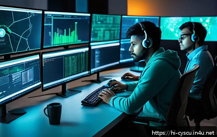 보안 관련 공모전에 참가하기 - A detailed digital illustration of a diverse team of young cybersecurity professionals collaborating...